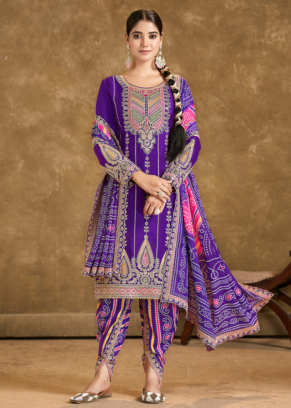 Buy Now Purple Chinnon Beige Punjabi Style Dhoti Style Salwar Suit Online in USA, UK, Canada, Germany, France & Worldwide at Empress Clothing. 