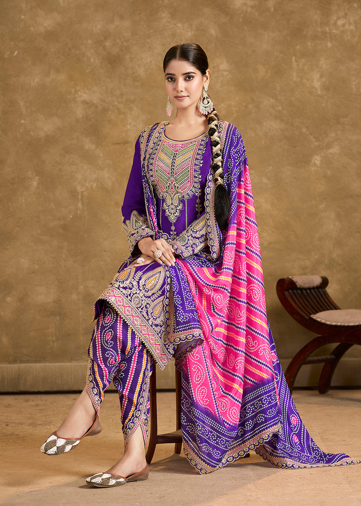 Buy Now Purple Chinnon Beige Punjabi Style Dhoti Style Salwar Suit Online in USA, UK, Canada, Germany, France & Worldwide at Empress Clothing. 