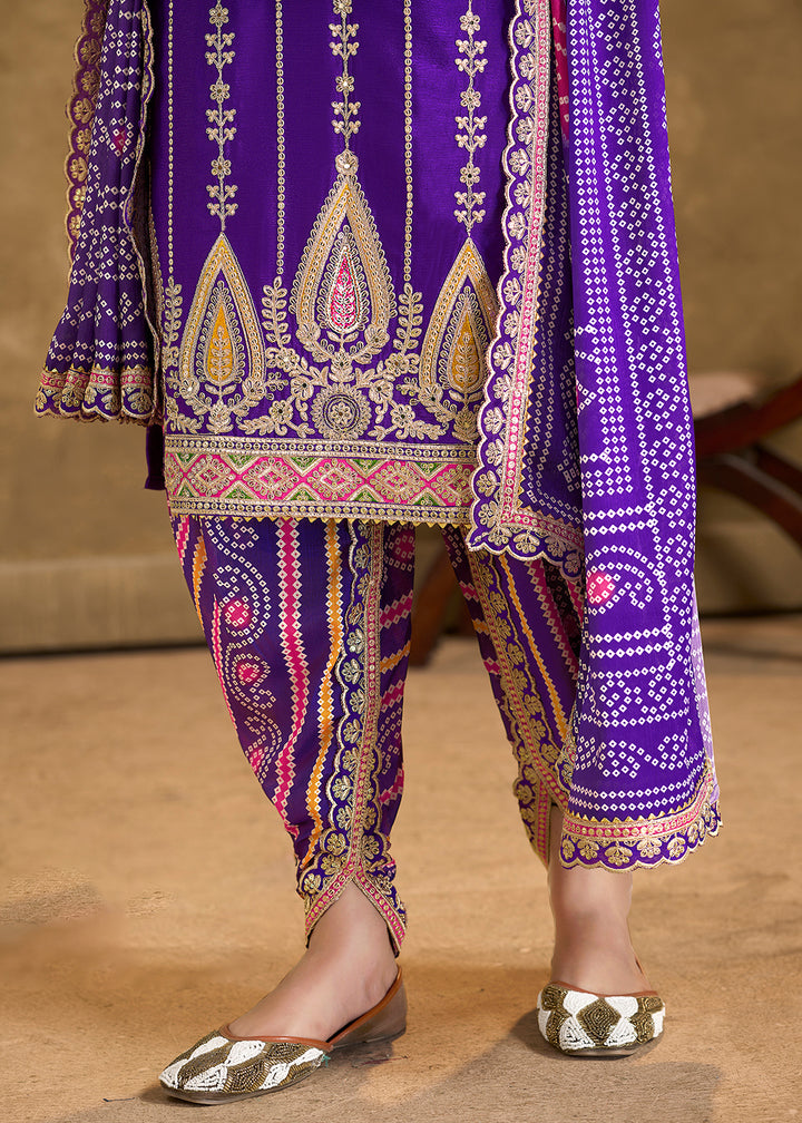 Buy Now Purple Chinnon Beige Punjabi Style Dhoti Style Salwar Suit Online in USA, UK, Canada, Germany, France & Worldwide at Empress Clothing. 