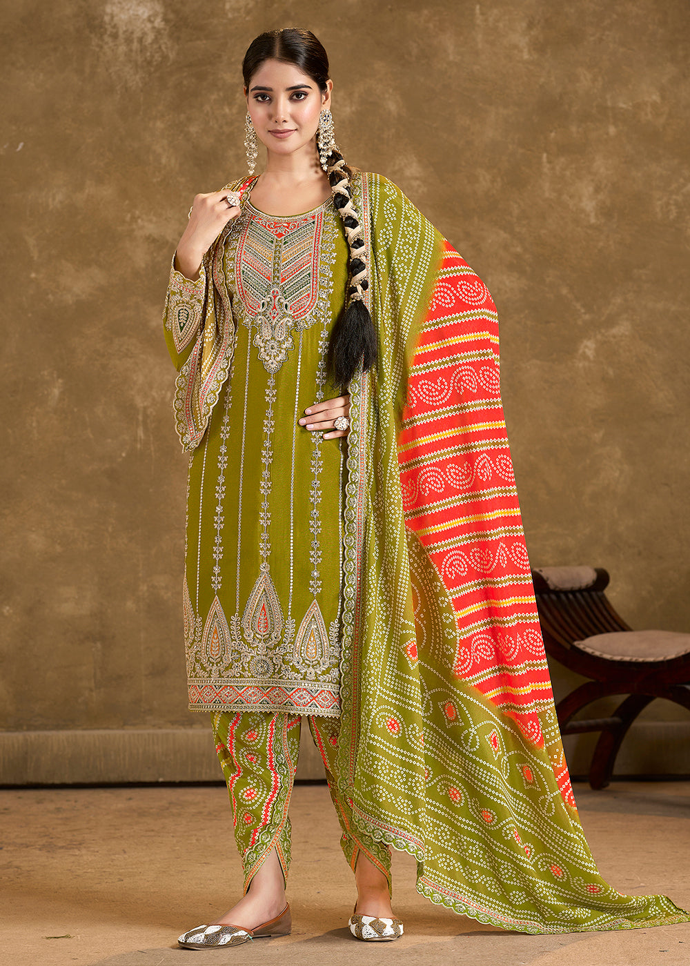 Buy Now Green Chinnon Beige Punjabi Style Dhoti Style Salwar Suit Online in USA, UK, Canada, Germany, France & Worldwide at Empress Clothing.