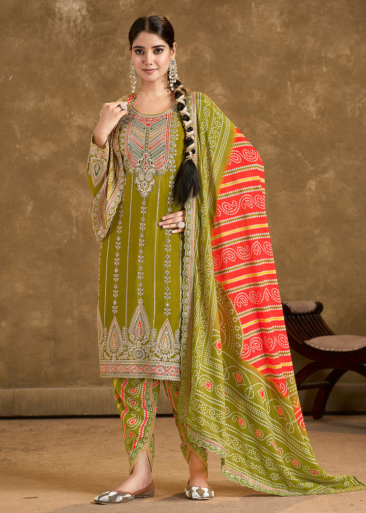 Buy Now Green Chinnon Beige Punjabi Style Dhoti Style Salwar Suit Online in USA, UK, Canada, Germany, France & Worldwide at Empress Clothing.