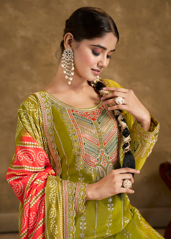 Buy Now Green Chinnon Beige Punjabi Style Dhoti Style Salwar Suit Online in USA, UK, Canada, Germany, France & Worldwide at Empress Clothing.