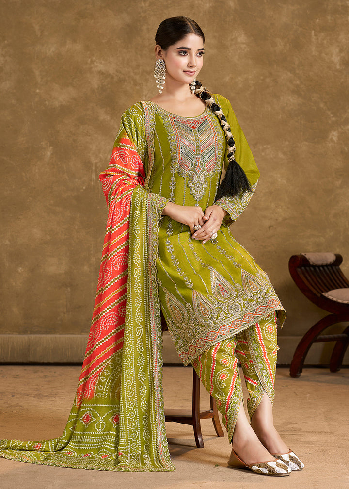 Buy Now Green Chinnon Beige Punjabi Style Dhoti Style Salwar Suit Online in USA, UK, Canada, Germany, France & Worldwide at Empress Clothing.