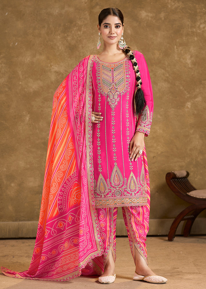 Buy Now Pink Chinnon Beige Punjabi Style Dhoti Style Salwar Suit Online in USA, UK, Canada, Germany, France & Worldwide at Empress Clothing.