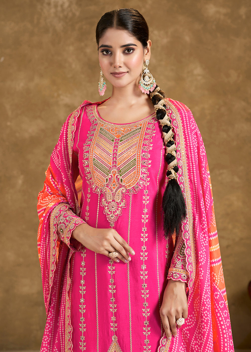 Buy Now Pink Chinnon Beige Punjabi Style Dhoti Style Salwar Suit Online in USA, UK, Canada, Germany, France & Worldwide at Empress Clothing.