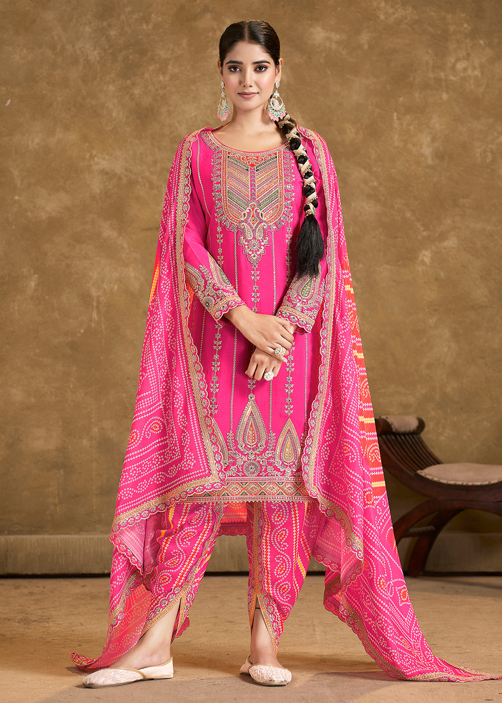 Buy Now Pink Chinnon Beige Punjabi Style Dhoti Style Salwar Suit Online in USA, UK, Canada, Germany, France & Worldwide at Empress Clothing.