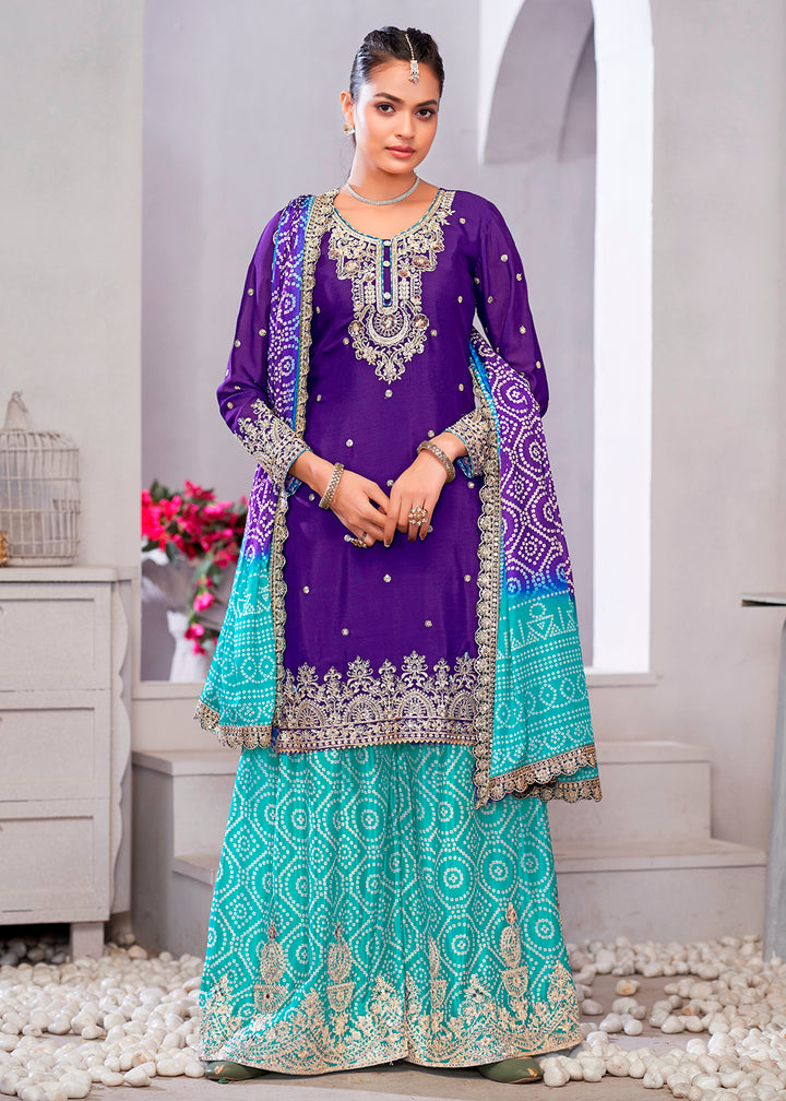 Buy Now Purple & Turquoise Dabka Dori Work Ethnic Sharara Suit Online in USA, UK, Canada, Germany, Italy, France, Austria, Denmark, UAE & Worldwide at Empress.