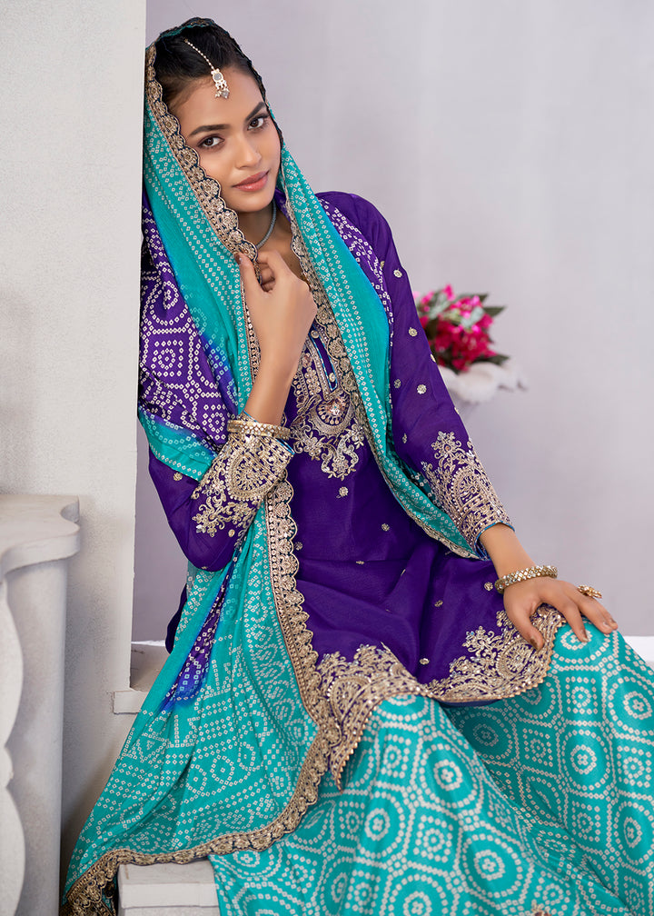 Buy Now Purple & Turquoise Dabka Dori Work Ethnic Sharara Suit Online in USA, UK, Canada, Germany, Italy, France, Austria, Denmark, UAE & Worldwide at Empress.