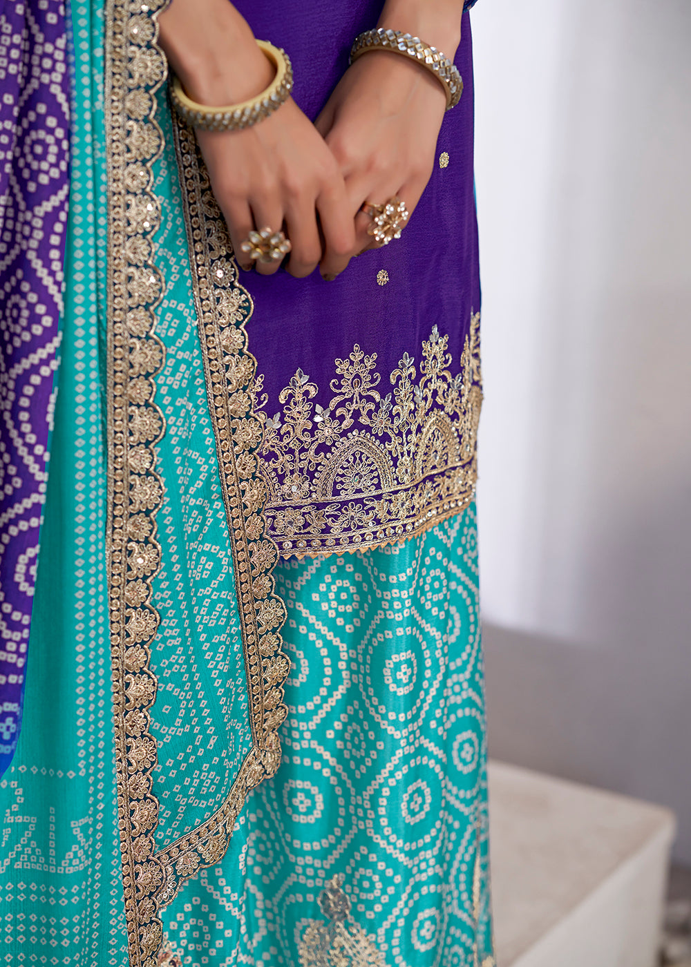 Buy Now Purple & Turquoise Dabka Dori Work Ethnic Sharara Suit Online in USA, UK, Canada, Germany, Italy, France, Austria, Denmark, UAE & Worldwide at Empress.