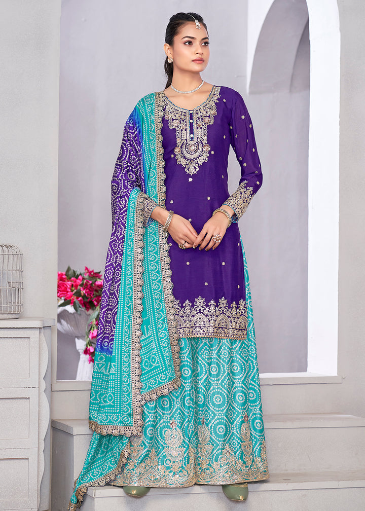 Buy Now Purple & Turquoise Dabka Dori Work Ethnic Sharara Suit Online in USA, UK, Canada, Germany, Italy, France, Austria, Denmark, UAE & Worldwide at Empress.