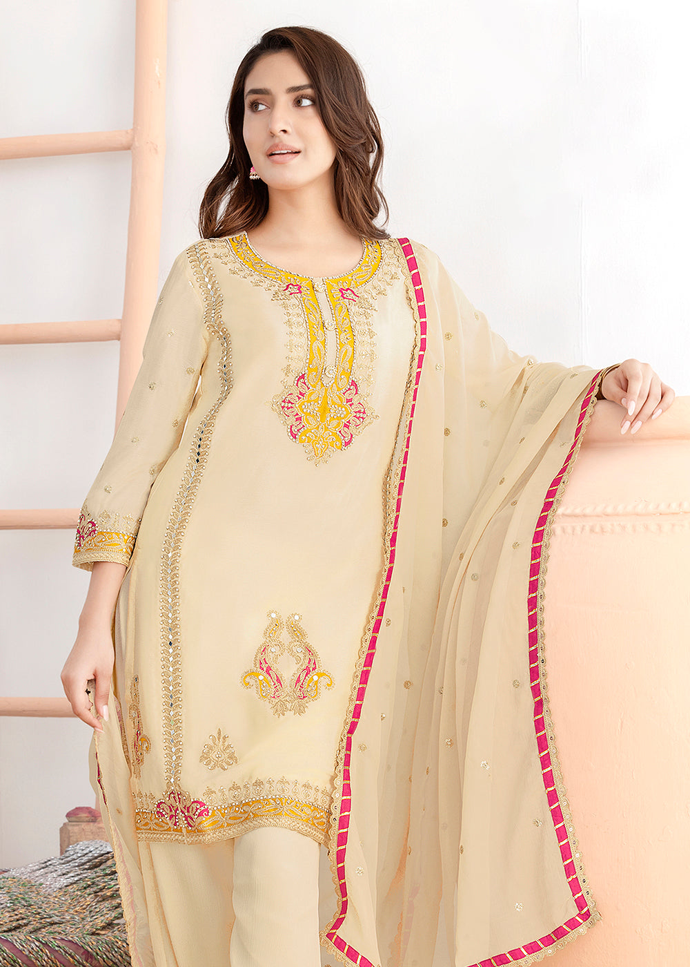 Buy Now Cream Beautiful Applique Style Festive Wear Dress Online in New York, Las Vegas, Newark, Chicago, Houston, Fremont, Dubai, Utah & Worldwide at Empress.