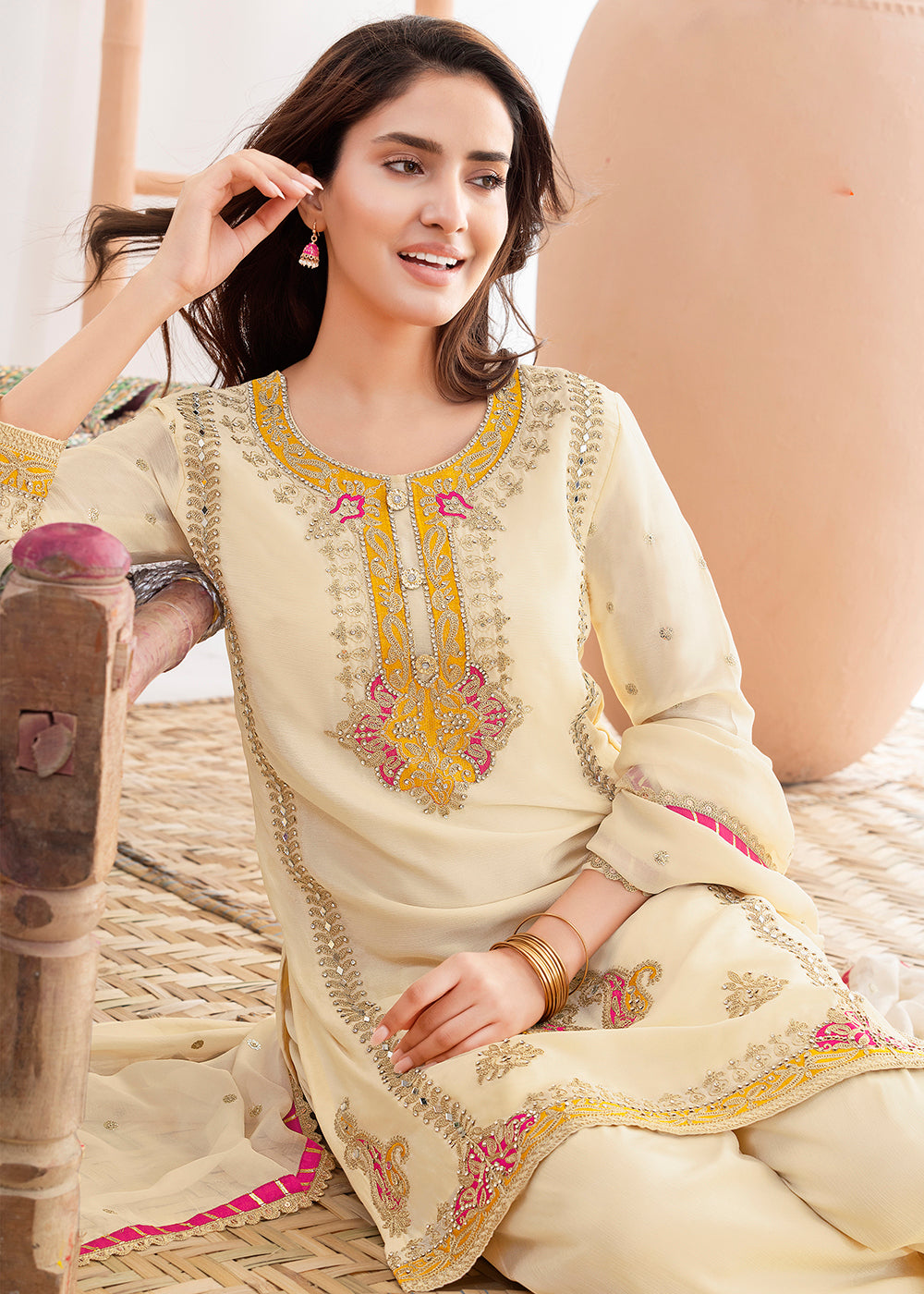 Buy Now Cream Beautiful Applique Style Festive Wear Dress Online in New York, Las Vegas, Newark, Chicago, Houston, Fremont, Dubai, Utah & Worldwide at Empress.