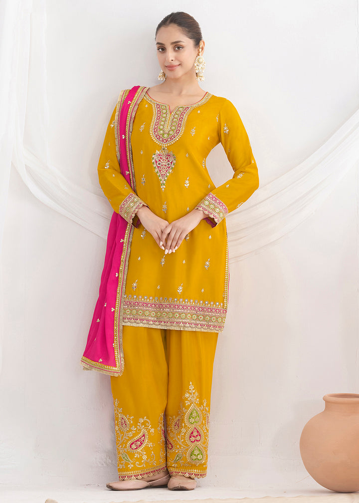 Buy Now Elegant Yellow Kurti Style Farshi Style Salwar Suit Online in US, UK, Canada, Germany, Italy, France, Austria, Denmark, Finland & Worldwide at Empress.