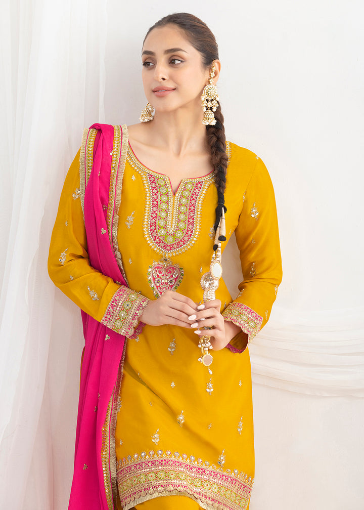 Buy Now Elegant Yellow Kurti Style Farshi Style Salwar Suit Online in US, UK, Canada, Germany, Italy, France, Austria, Denmark, Finland & Worldwide at Empress.