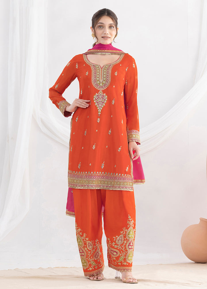 Buy Now Elegant Orange Kurti Style Farshi Style Salwar Suit Online in US, UK, Canada, Germany, Italy, France, Austria, Denmark, Finland & Worldwide at Empress.