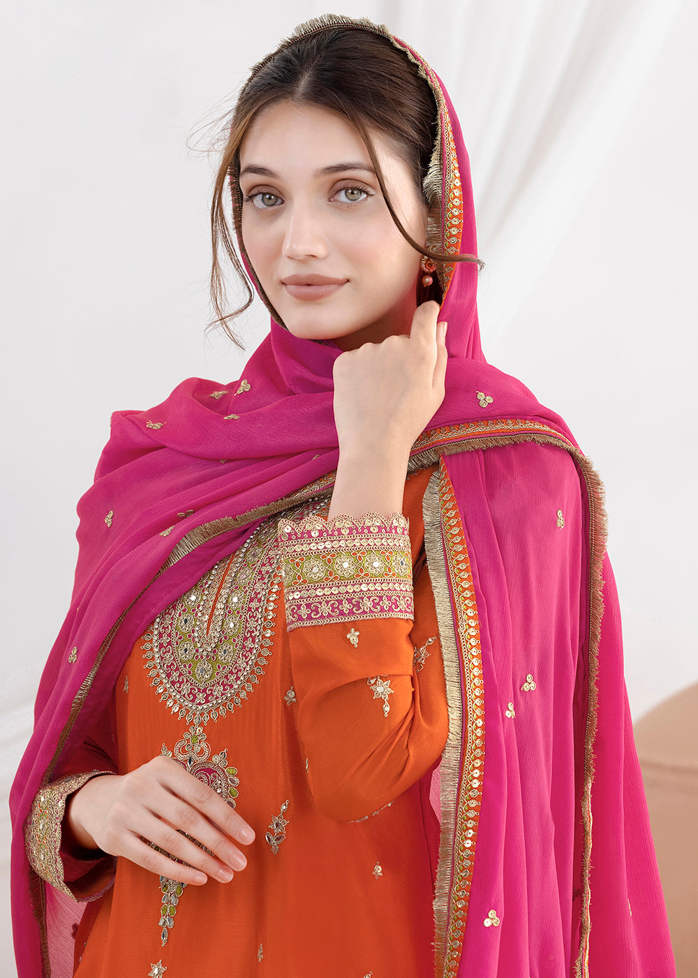 Buy Now Elegant Orange Kurti Style Farshi Style Salwar Suit Online in US, UK, Canada, Germany, Italy, France, Austria, Denmark, Finland & Worldwide at Empress.