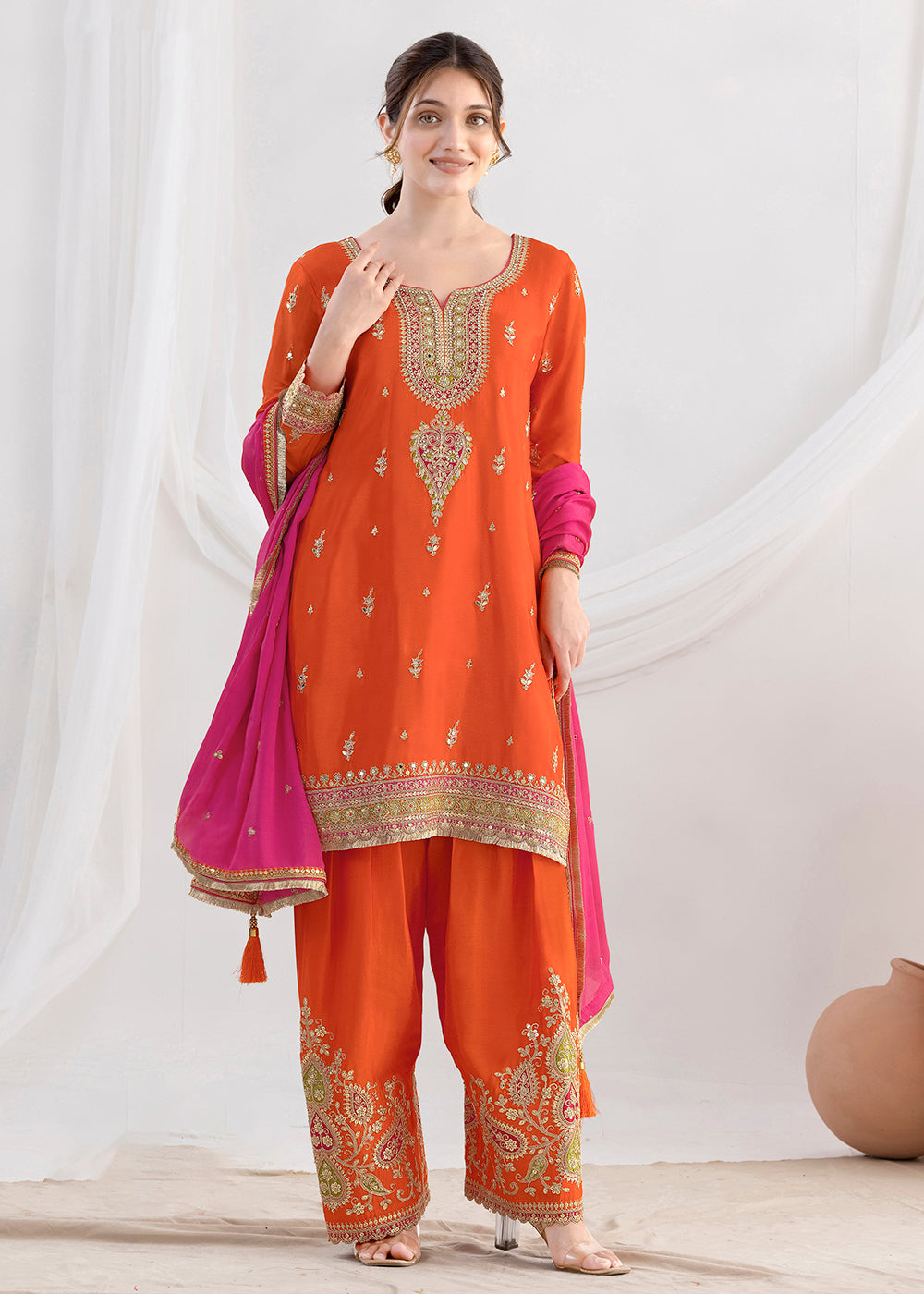 Buy Now Elegant Orange Kurti Style Farshi Style Salwar Suit Online in US, UK, Canada, Germany, Italy, France, Austria, Denmark, Finland & Worldwide at Empress.
