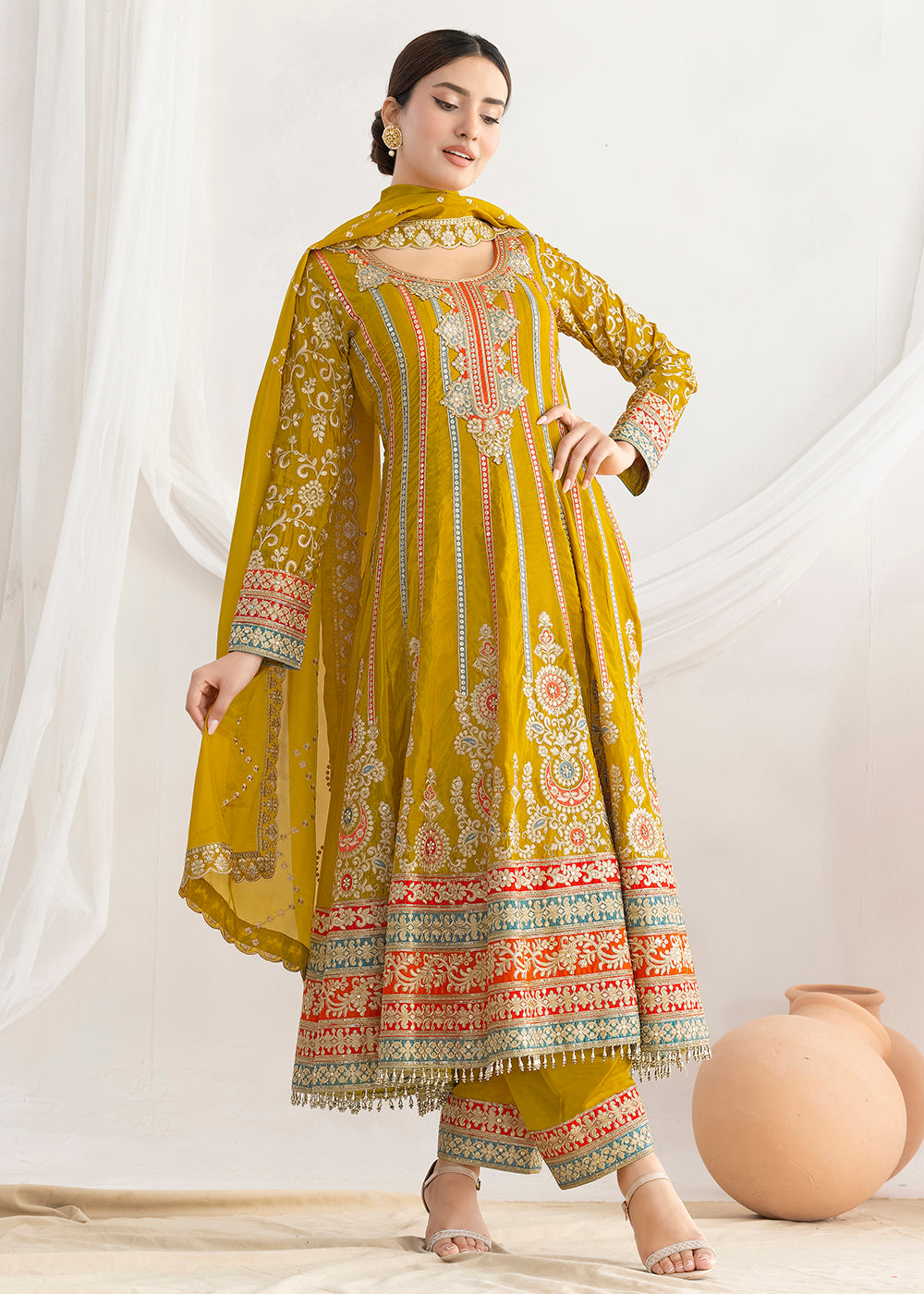 Buy Now Mustard Dabka Dori & Mirror Anarkali Style Suit Online in Newark, Miami, Toronto, London, Bayern, Katy, Utah, New York, Dubai & Worldwide at Empress.