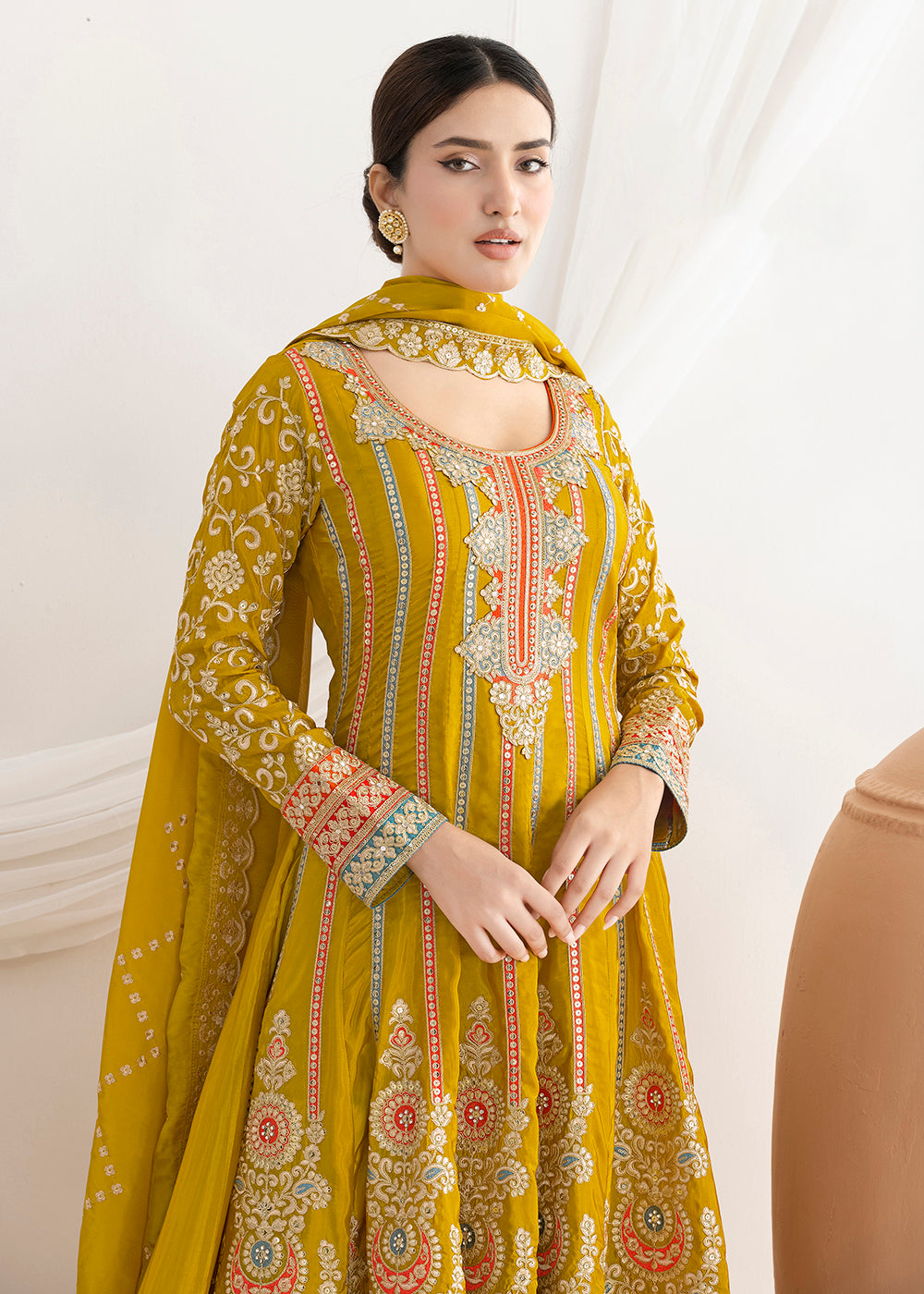 Buy Now Mustard Dabka Dori & Mirror Anarkali Style Suit Online in Newark, Miami, Toronto, London, Bayern, Katy, Utah, New York, Dubai & Worldwide at Empress.