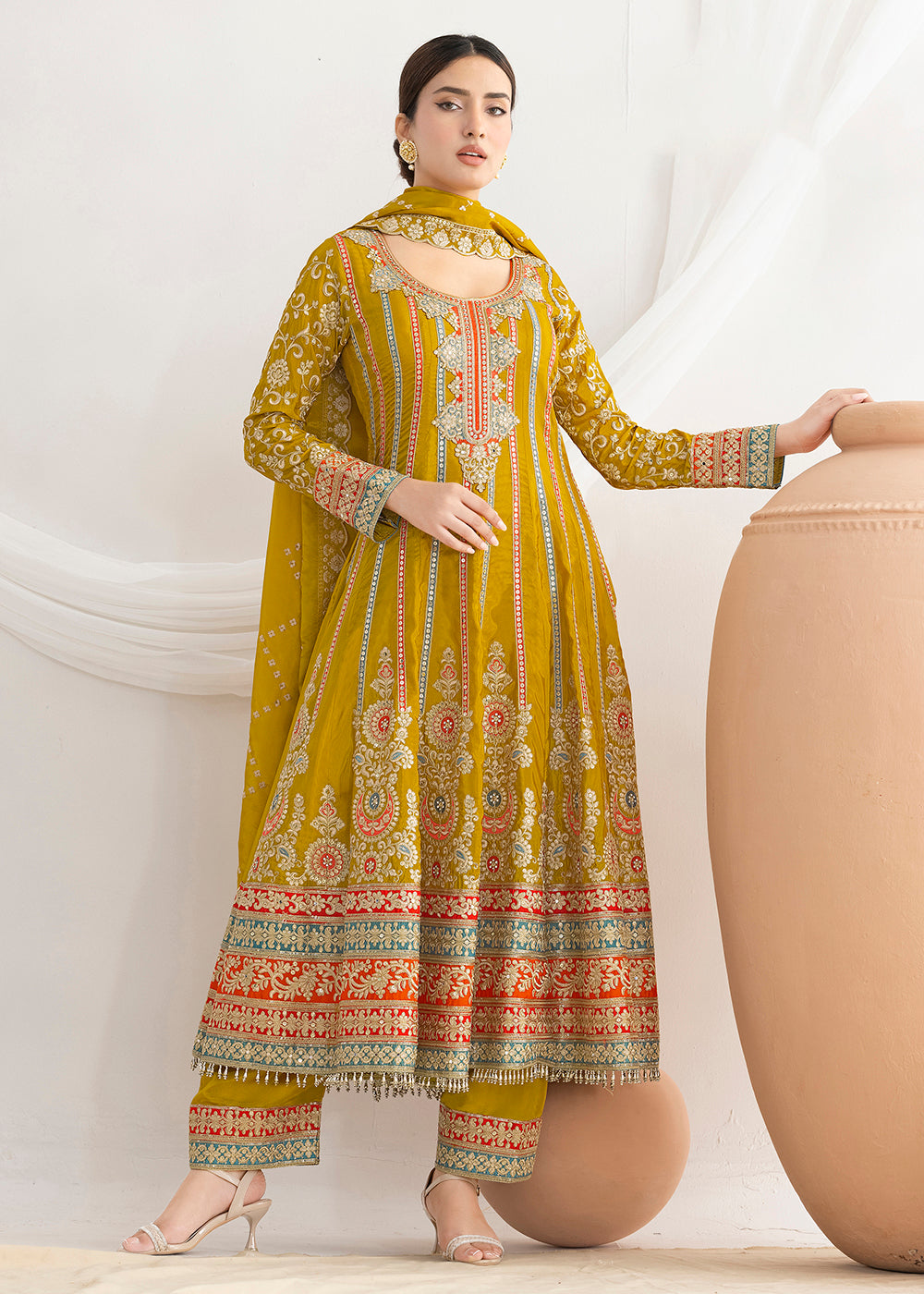Buy Now Mustard Dabka Dori & Mirror Anarkali Style Suit Online in Newark, Miami, Toronto, London, Bayern, Katy, Utah, New York, Dubai & Worldwide at Empress.