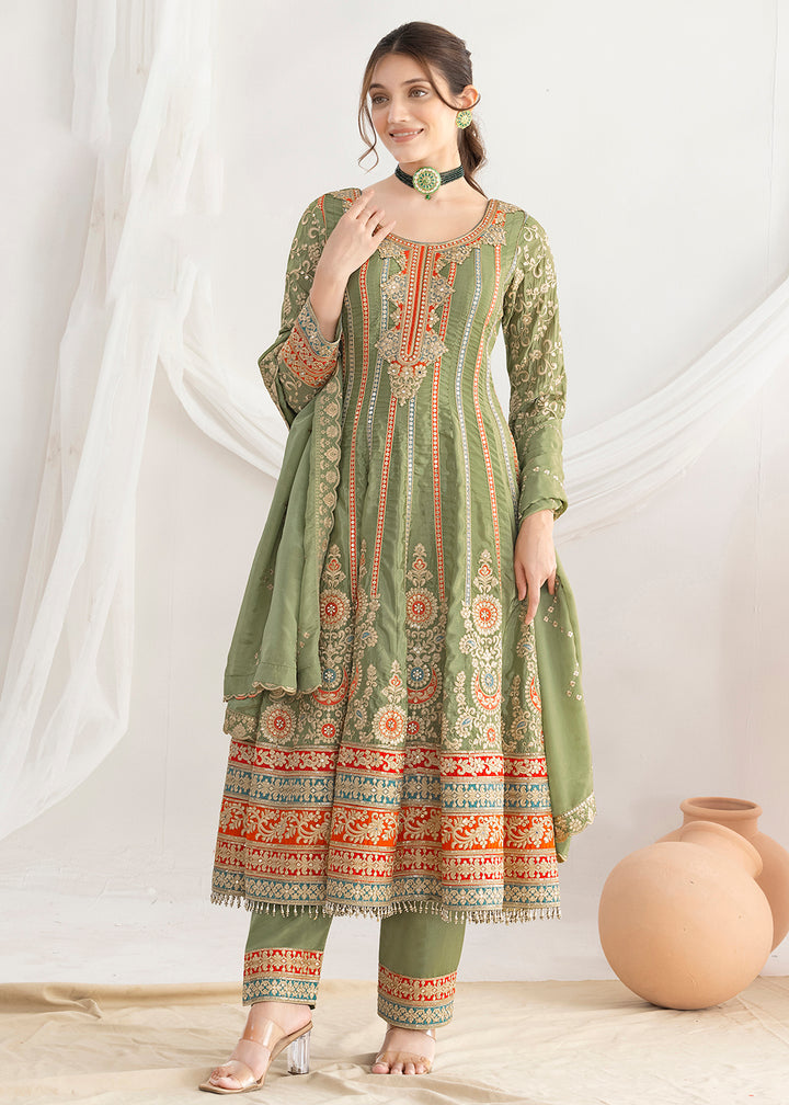 Buy Now Green Dabka Dori & Mirror Anarkali Style Suit Online in Newark, Miami, Toronto, London, Bayern, Katy, Utah, New York, Dubai & Worldwide at Empress.