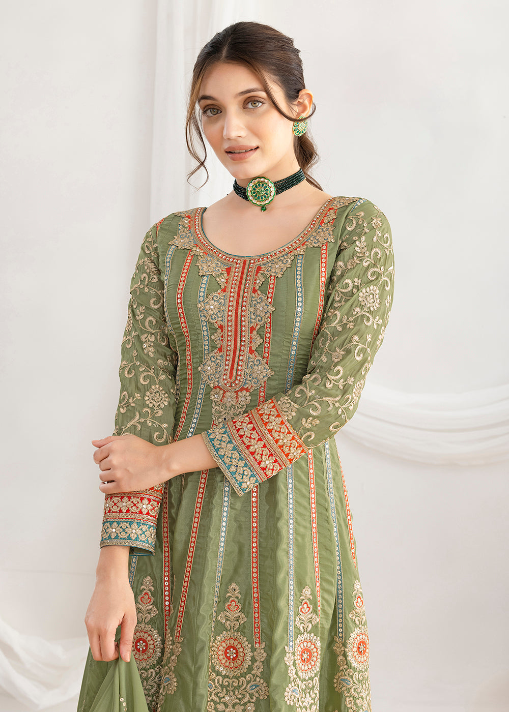 Buy Now Green Dabka Dori & Mirror Anarkali Style Suit Online in Newark, Miami, Toronto, London, Bayern, Katy, Utah, New York, Dubai & Worldwide at Empress.