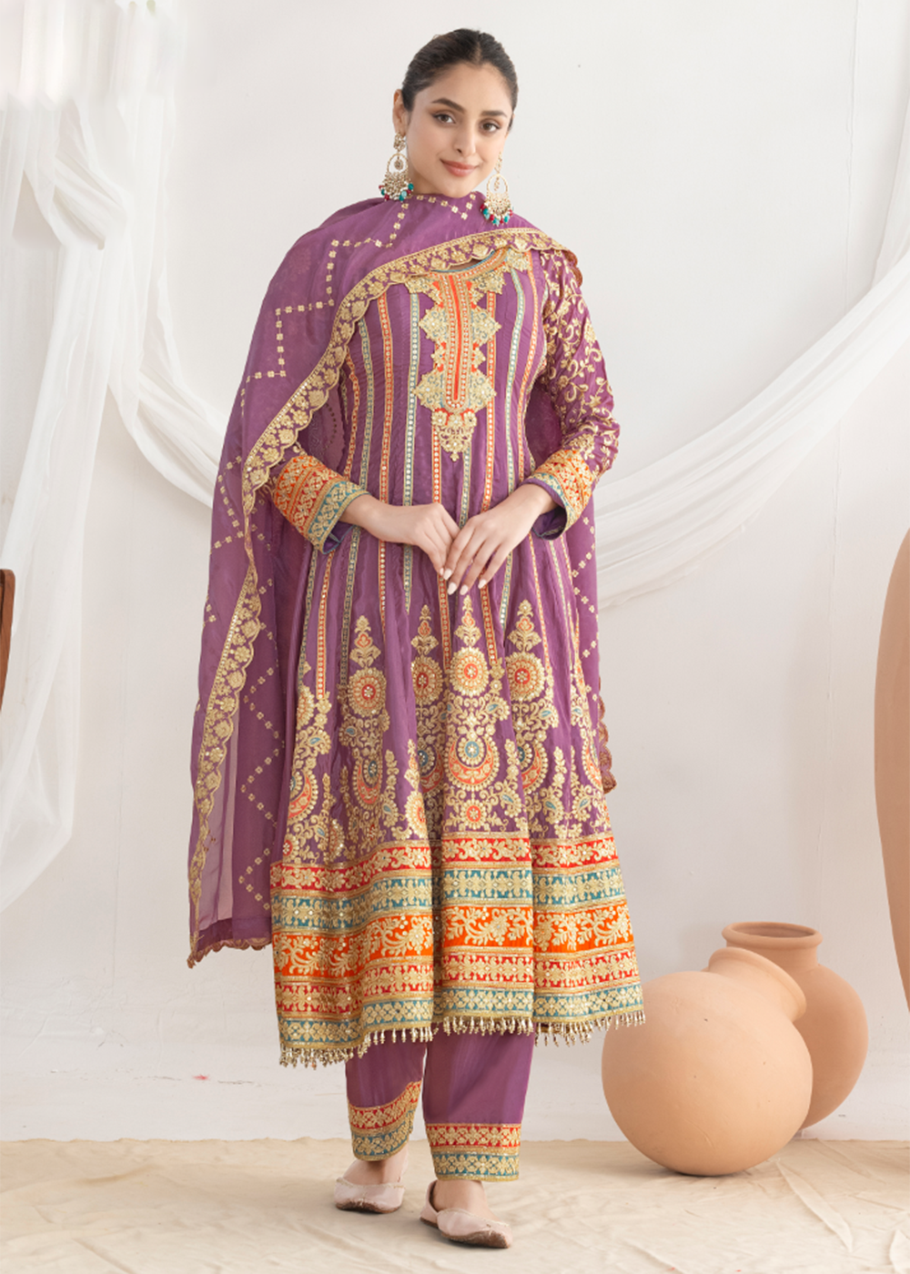 Buy Now Purple Dabka Dori & Mirror Anarkali Style Suit Online in Newark, Miami, Toronto, London, Bayern, Katy, Utah, New York, Dubai & Worldwide at Empress.