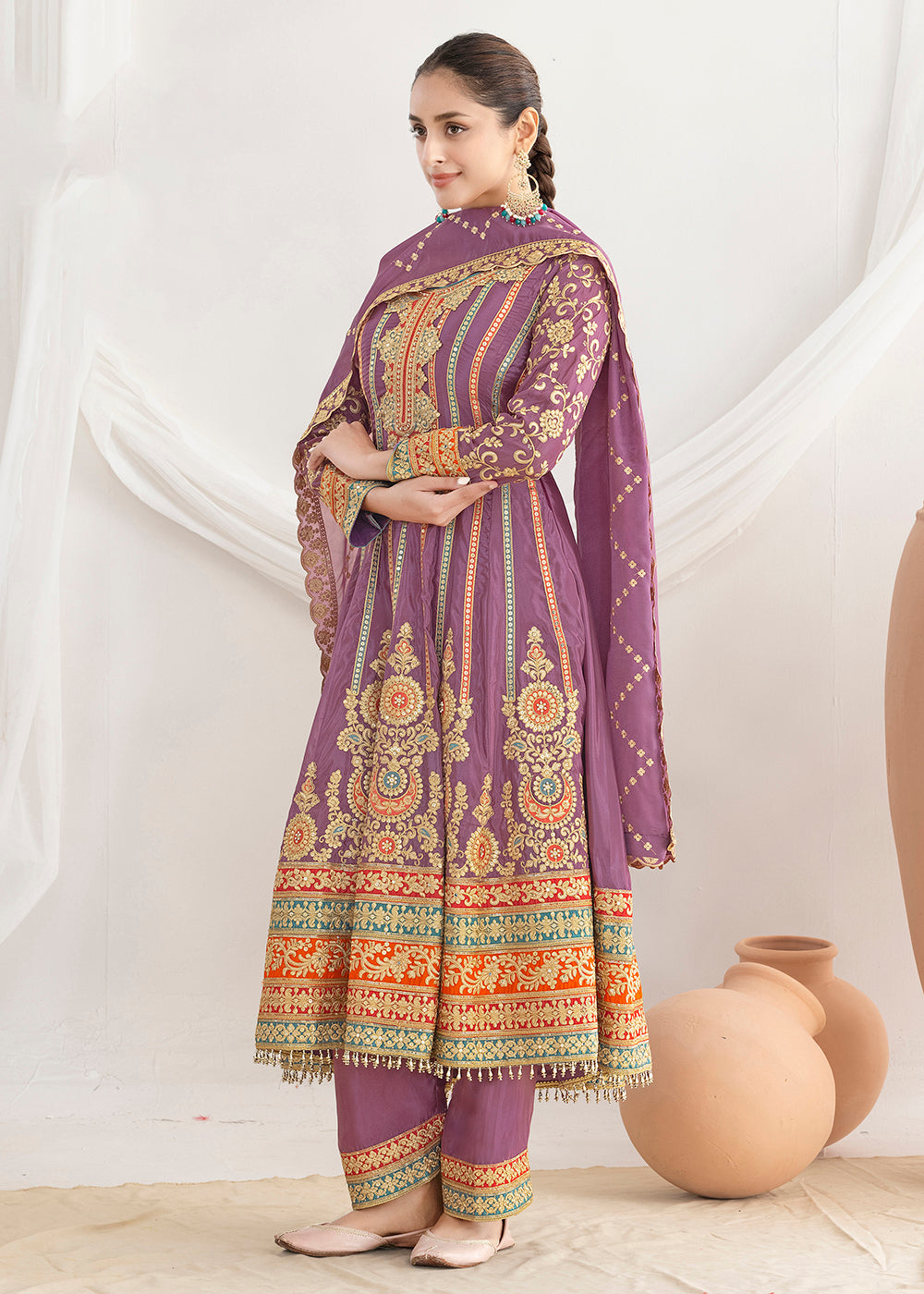 Buy Now Purple Dabka Dori & Mirror Anarkali Style Suit Online in Newark, Miami, Toronto, London, Bayern, Katy, Utah, New York, Dubai & Worldwide at Empress.