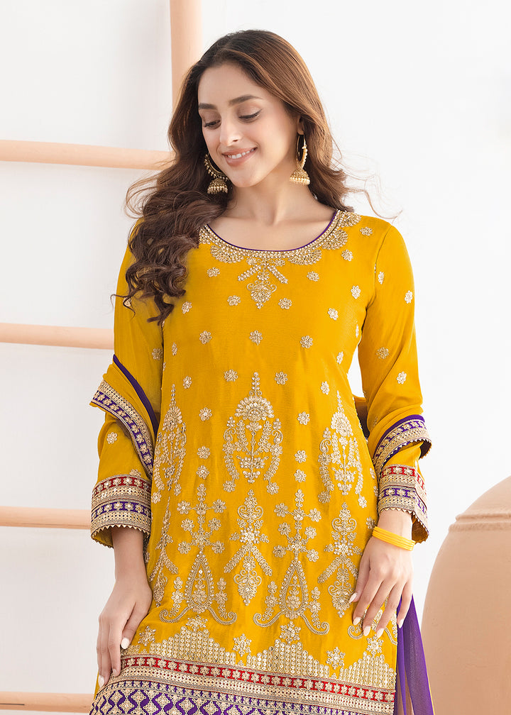 Buy Now Yellow Beautiful Dabka Dori Gharara Style Suit Online in USA, UK, Canada, Germany, Italy, France, Austria, Denmark, Netherlands & Worldwide at Empress.