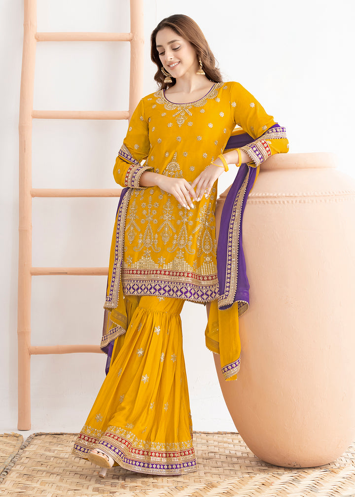 Buy Now Yellow Beautiful Dabka Dori Gharara Style Suit Online in USA, UK, Canada, Germany, Italy, France, Austria, Denmark, Netherlands & Worldwide at Empress.