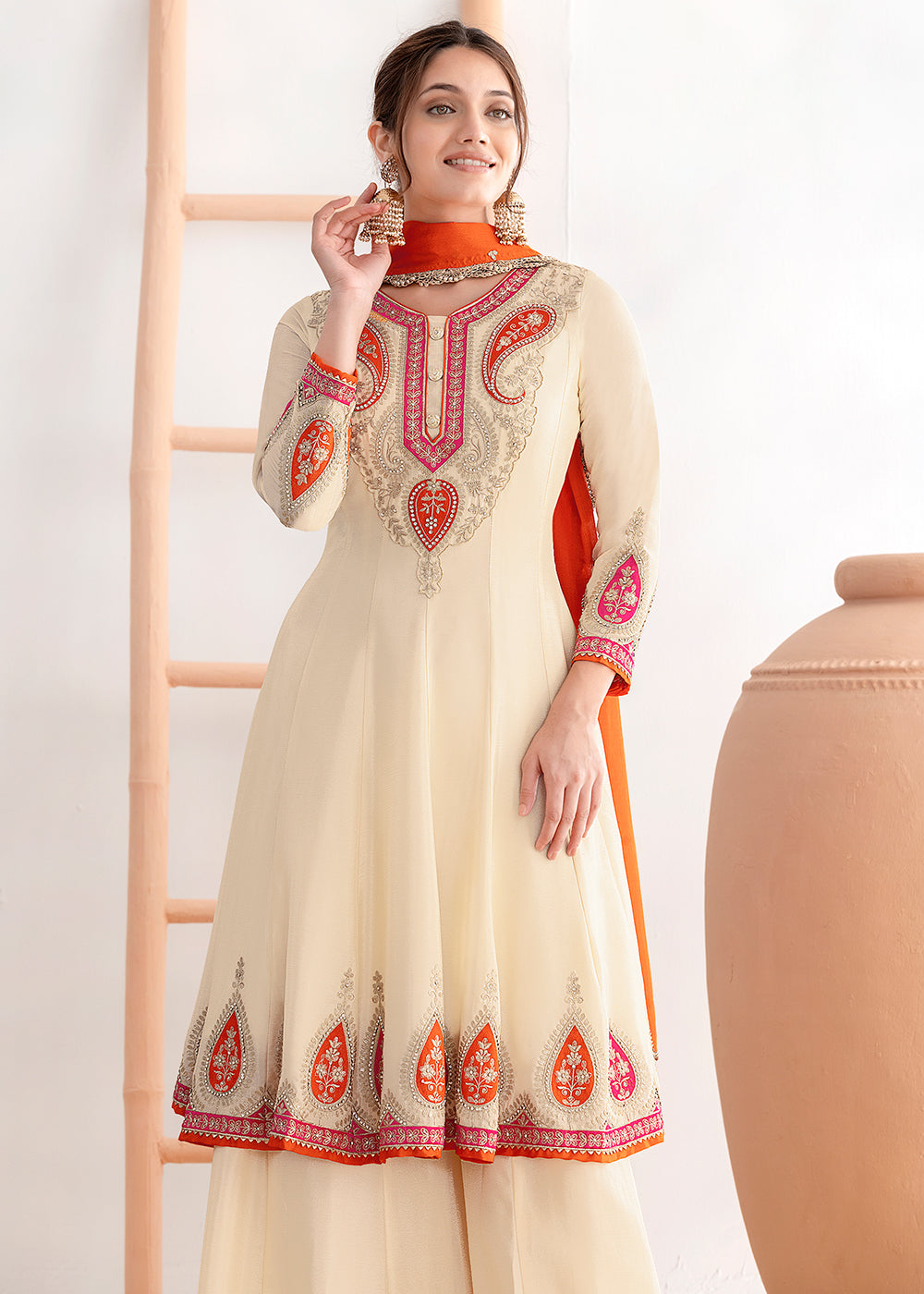 Buy Now Off White Kalidar Anarkali Style Festive Palazzo Dress Online in Newark, Miami, Toronto, London, Bayern, Katy, Utah, New York & Worldwide at Empress.