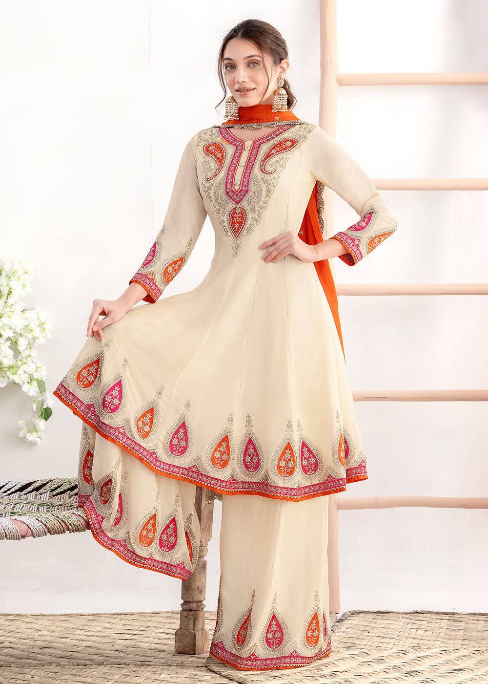 Buy Now Off White Kalidar Anarkali Style Festive Palazzo Dress Online in Newark, Miami, Toronto, London, Bayern, Katy, Utah, New York & Worldwide at Empress.