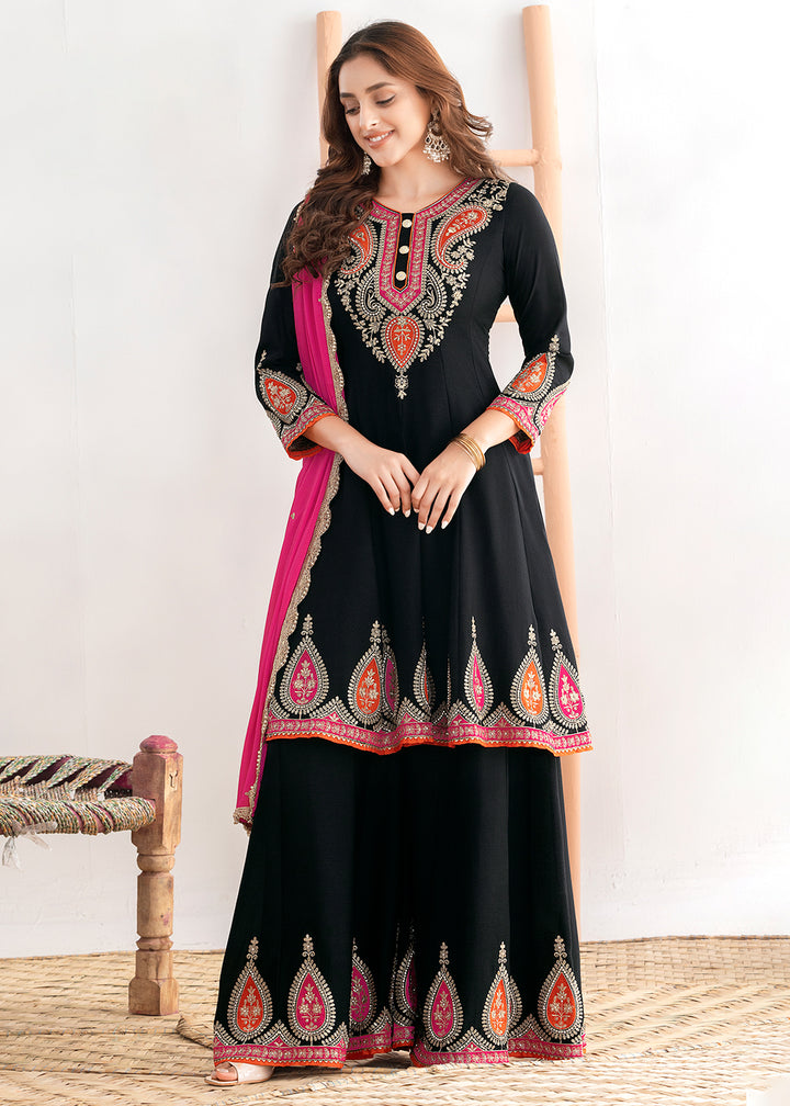 Buy Now Black Kalidar Anarkali Style Festive Palazzo Dress Online in Newark, Miami, Toronto, London, Bayern, Katy, Utah, New York & Worldwide at Empress.