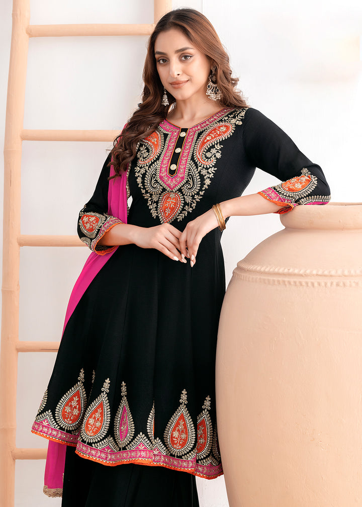 Buy Now Black Kalidar Anarkali Style Festive Palazzo Dress Online in Newark, Miami, Toronto, London, Bayern, Katy, Utah, New York & Worldwide at Empress.