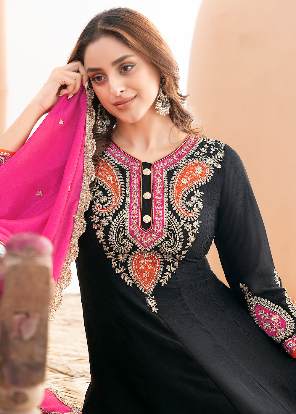 Buy Now Black Kalidar Anarkali Style Festive Palazzo Dress Online in Newark, Miami, Toronto, London, Bayern, Katy, Utah, New York & Worldwide at Empress.