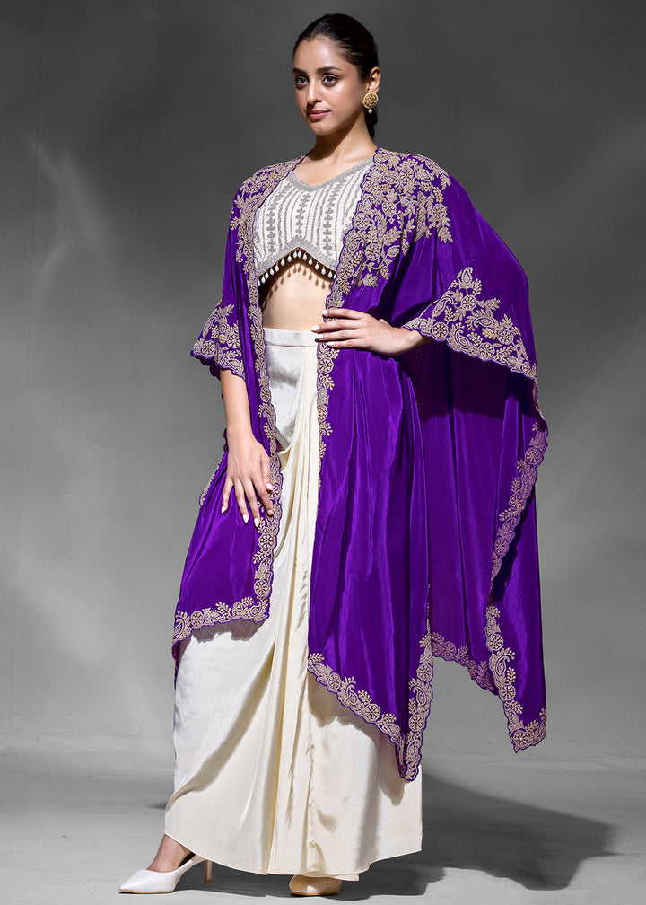 Buy Now Pretty Cream Cowl Style Skirt Dress with Purple Shurg Online in New York, Los Angeles, San Jose, Chicago, Houston, Fremont, Utah & Worldwide at Empress.