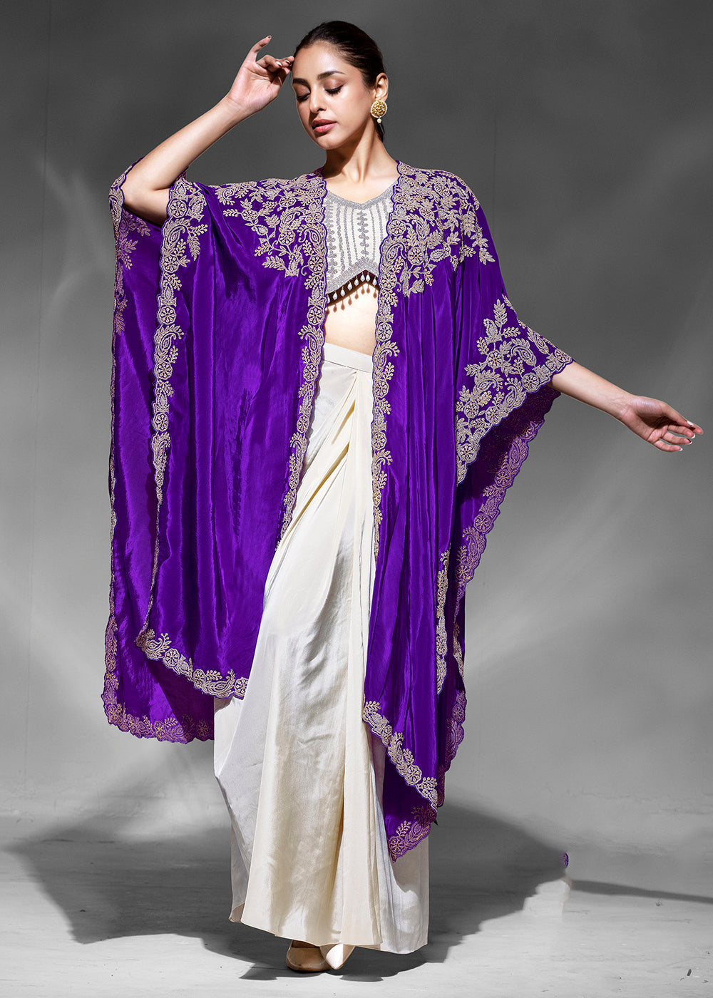 Buy Pretty Cream Cowl Style Skirt Dress with Purple Shurg Online in US Empress Clothing Buy Pretty Cream Cowl Style Skirt Dress with Purple Shurg Online in US Empress Clothing