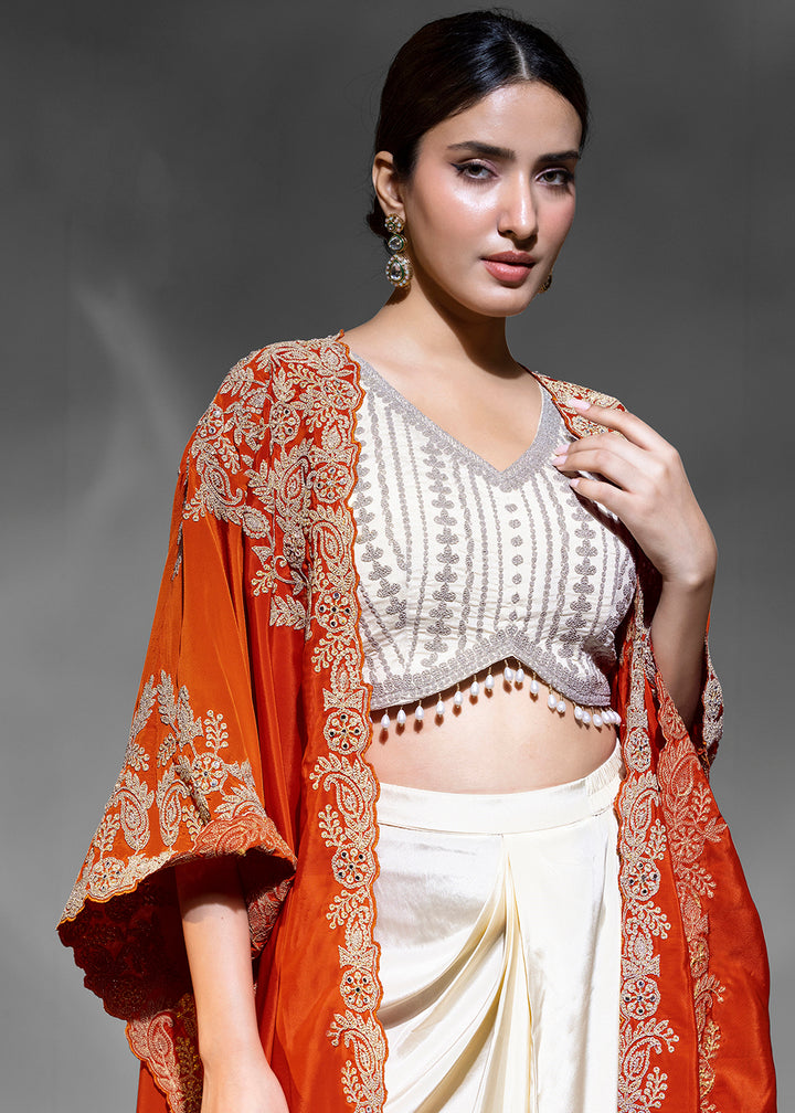 Buy Now Pretty Cream Cowl Style Skirt Dress with Orange Shurg Online in New York, Los Angeles, San Jose, Chicago, Houston, Fremont, Utah & Worldwide at Empress.