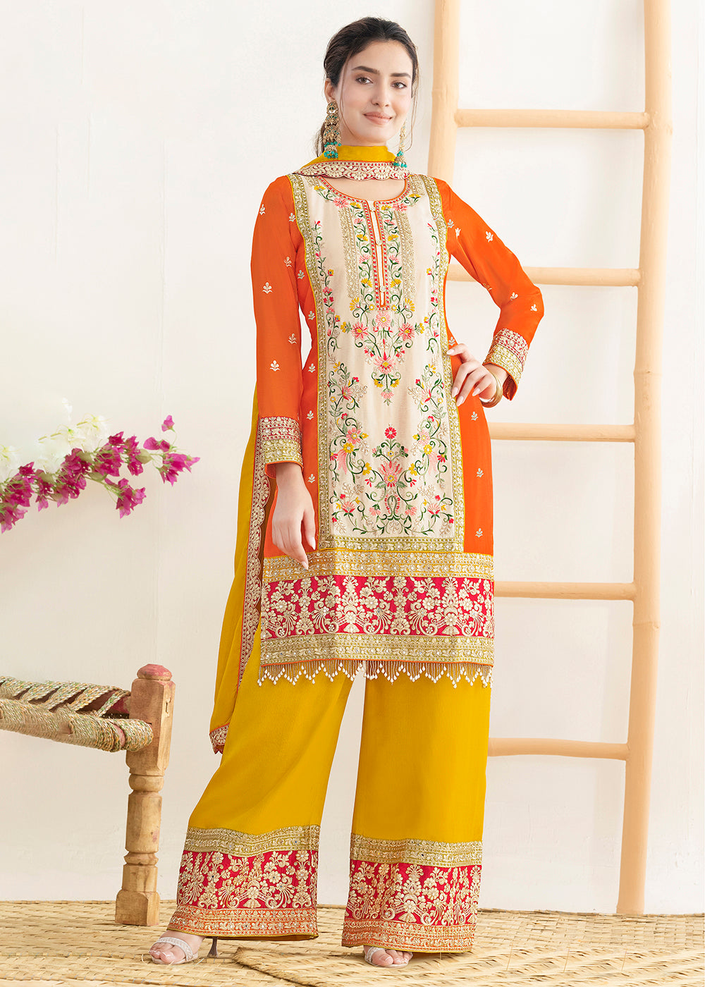 Buy Now Cream & Orange Dabka Dori & Mirror Pant Style Suit Online in Newark, Miami, Toronto, London, Bayern, Katy, Utah, New York, Dubai & Worldwide at Empress.