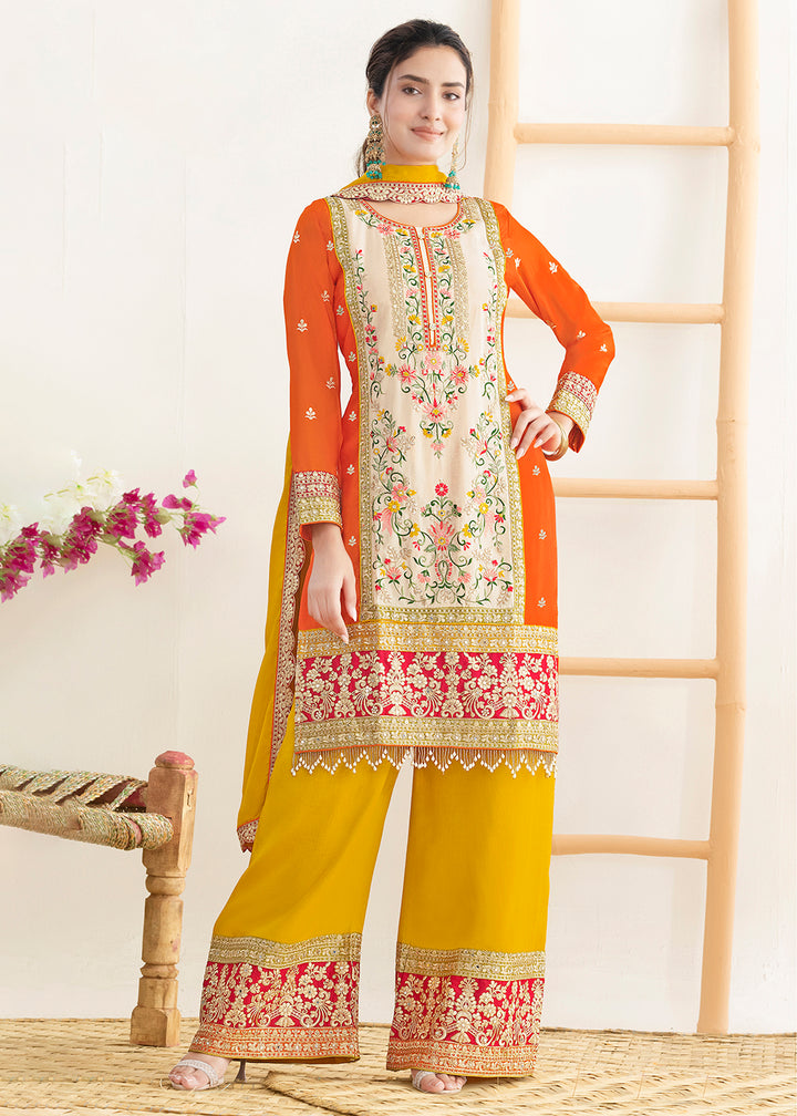 Buy Now Cream & Orange Dabka Dori & Mirror Pant Style Suit Online in Newark, Miami, Toronto, London, Bayern, Katy, Utah, New York, Dubai & Worldwide at Empress.