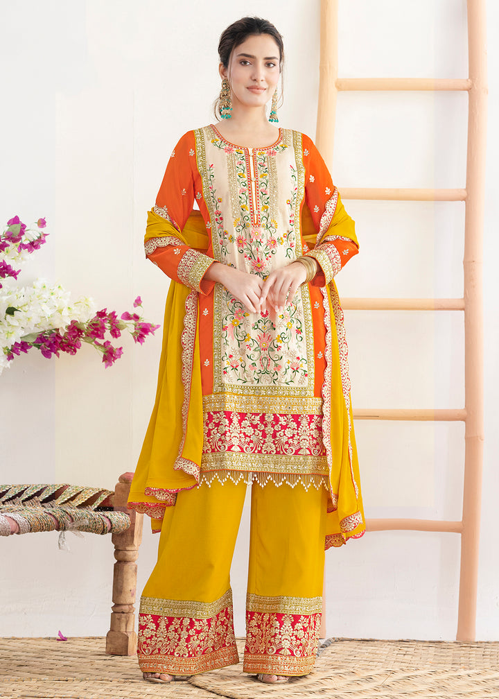 Buy Now Cream & Orange Dabka Dori & Mirror Pant Style Suit Online in Newark, Miami, Toronto, London, Bayern, Katy, Utah, New York, Dubai & Worldwide at Empress.