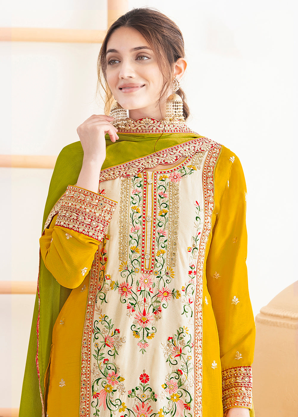 Buy Now Cream & Yellow Dabka Dori & Mirror Pant Style Suit Online in Newark, Miami, Toronto, London, Bayern, Katy, Utah, New York, Dubai & Worldwide at Empress.