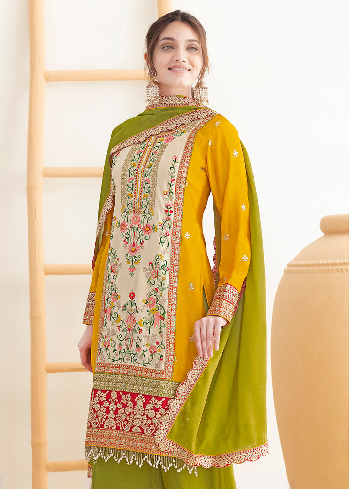 Buy Now Cream & Yellow Dabka Dori & Mirror Pant Style Suit Online in Newark, Miami, Toronto, London, Bayern, Katy, Utah, New York, Dubai & Worldwide at Empress.
