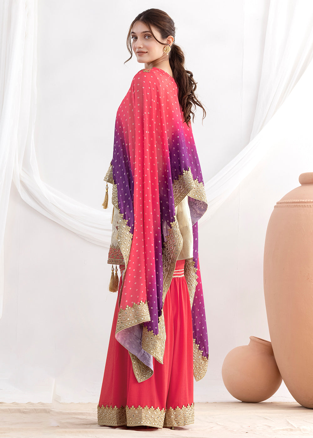 Shop Now Cream & Pink Embroidered Kaftan Style Gharara Dress Online at Empress in US, UK, Canada, Germany, Australia, Sweden, Denmark, UAE, Qatar & Worldwide.