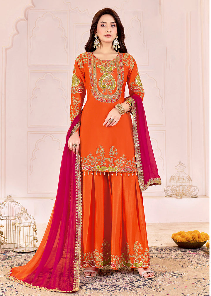 Buy Now Traditional Embroidered Orange Ceremonial Palazzo Suit Online in New York, Los Angeles, San Jose, Chicago, Houston, Fremont & Worldwide at Empress.