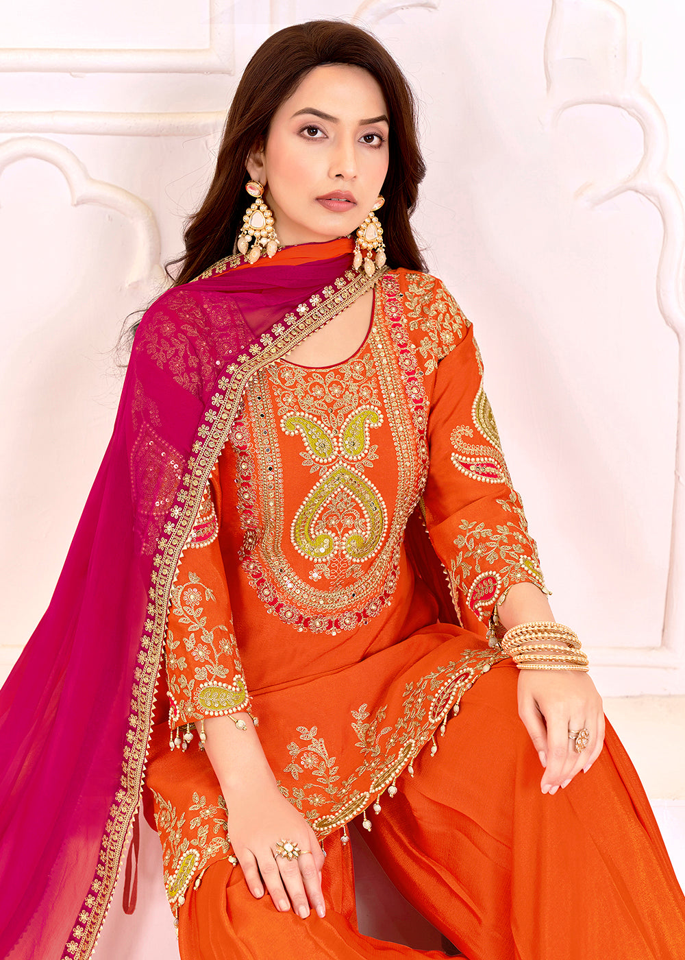 Buy Now Traditional Embroidered Orange Ceremonial Palazzo Suit Online in New York, Los Angeles, San Jose, Chicago, Houston, Fremont & Worldwide at Empress.