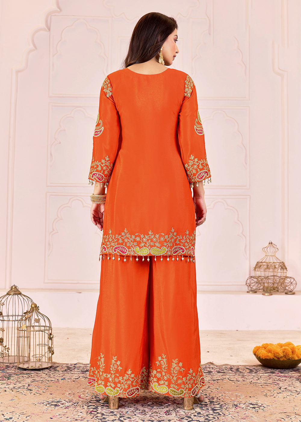 Buy Now Traditional Embroidered Orange Ceremonial Palazzo Suit Online in New York, Los Angeles, San Jose, Chicago, Houston, Fremont & Worldwide at Empress.