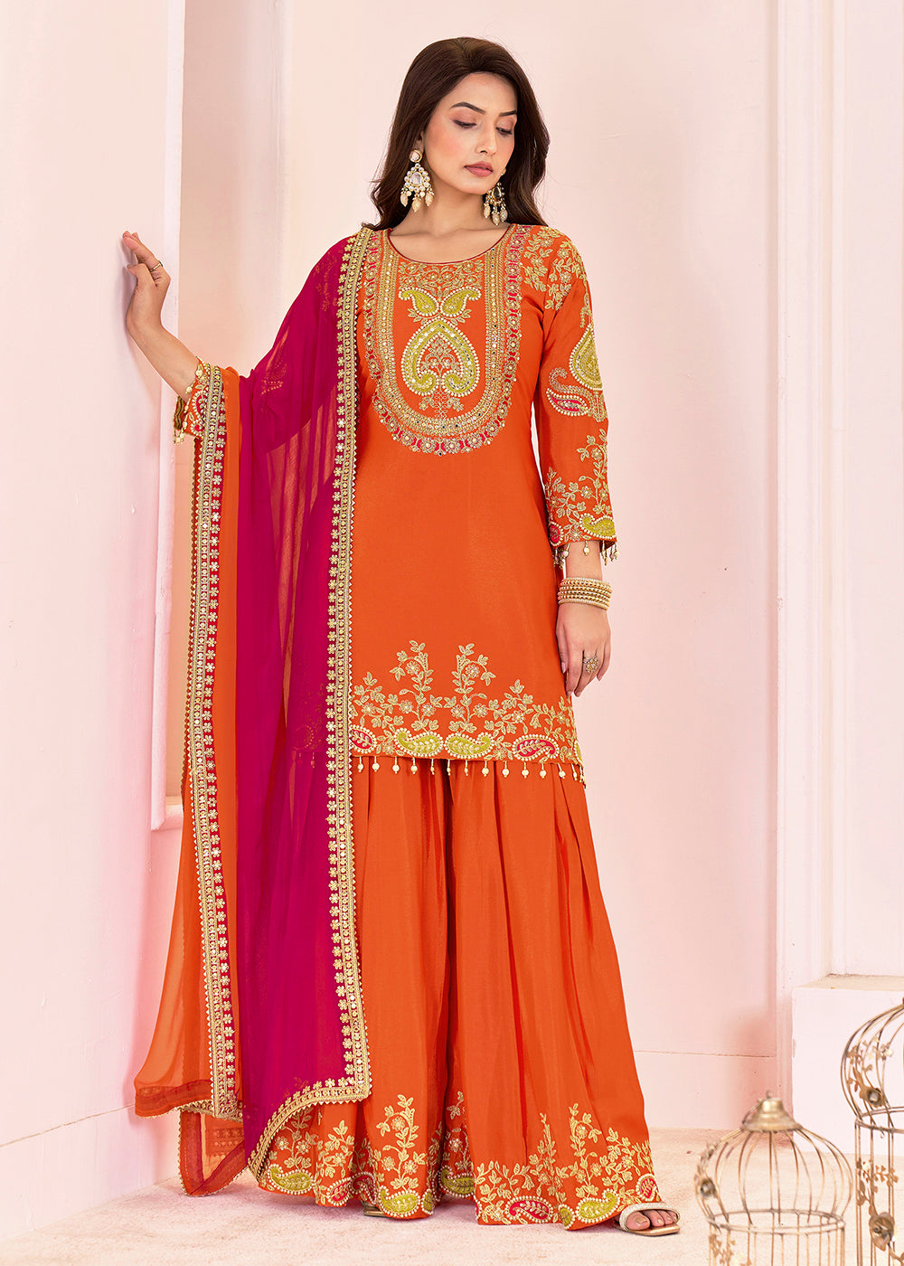 Buy Now Traditional Embroidered Orange Ceremonial Palazzo Suit Online in New York, Los Angeles, San Jose, Chicago, Houston, Fremont & Worldwide at Empress.