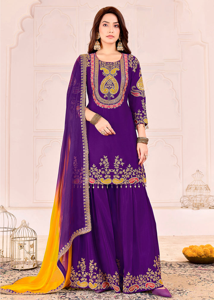 Buy Now Traditional Embroidered Purple Ceremonial Palazzo Suit Online in New York, Los Angeles, San Jose, Chicago, Houston, Fremont & Worldwide at Empress.