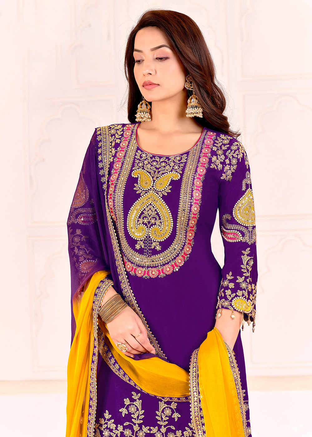 Buy Now Traditional Embroidered Purple Ceremonial Palazzo Suit Online in New York, Los Angeles, San Jose, Chicago, Houston, Fremont & Worldwide at Empress.